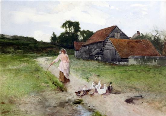 § Carlton Alfred Smith (1853-1946) Feeding the ducks, 10 x 14in.
